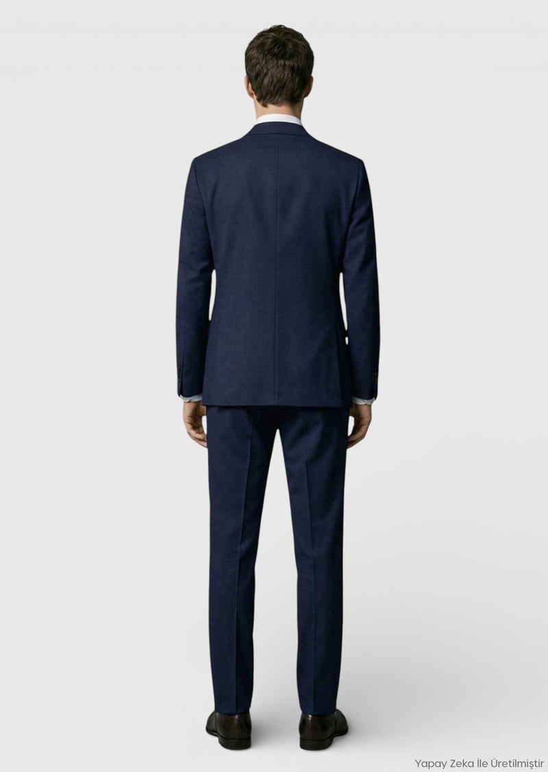 Lacivert Kareli Zeroweight Slim Fit %100 Yün Takım Elbise