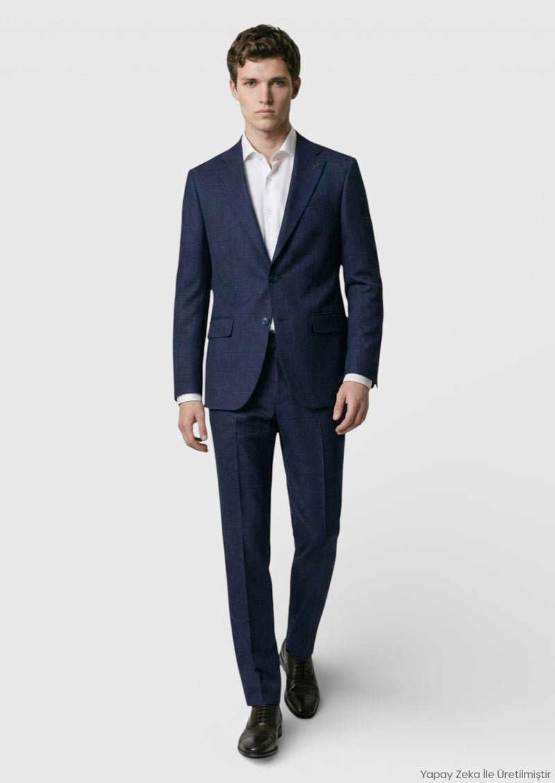 Lacivert Kareli Zeroweight Slim Fit %100 Yün Takım Elbise