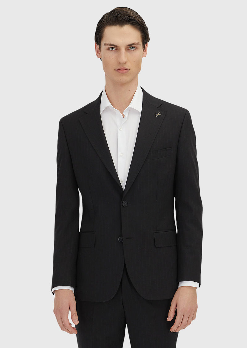 Siyah Çizgili Zeroweight Slim Fit Yün Karışımlı Takım Elbise