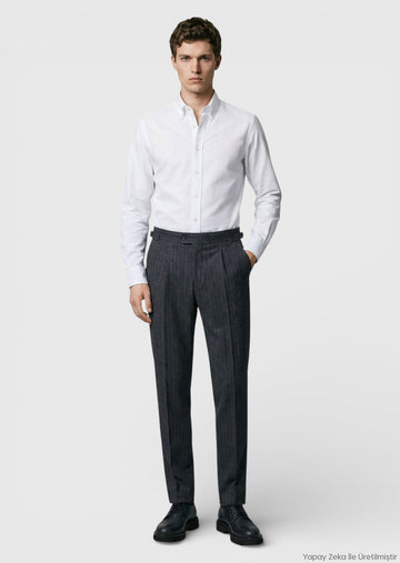 Antrasit Çizgili Dokuma Slim Fit Casual Yün Karışımlı Pantolon