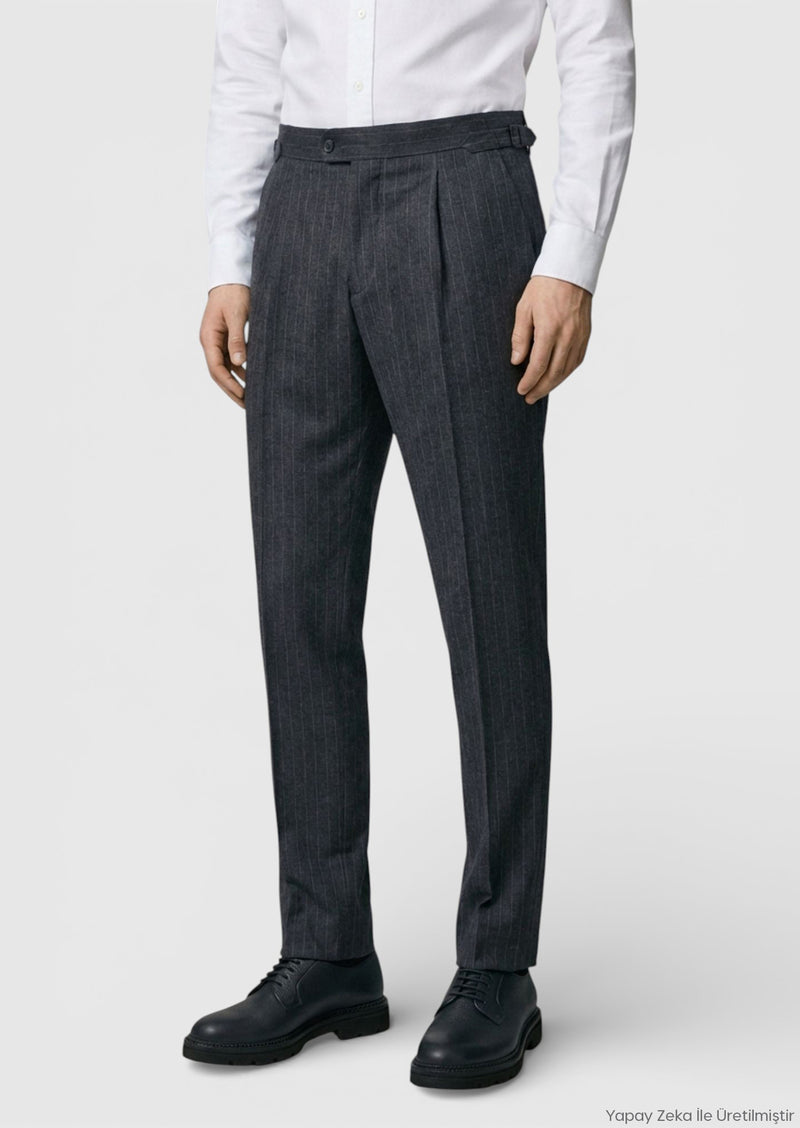 Antrasit Çizgili Dokuma Slim Fit Casual Yün Karışımlı Pantolon