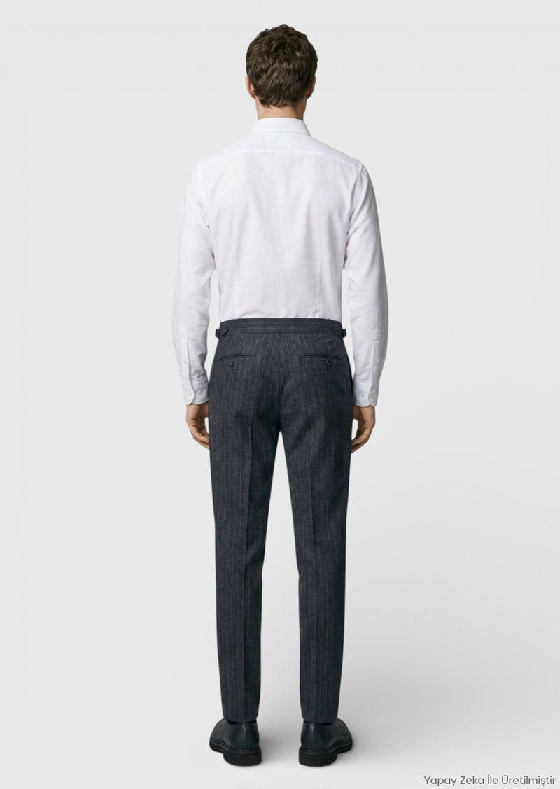 Antrasit Çizgili Dokuma Slim Fit Casual Yün Karışımlı Pantolon