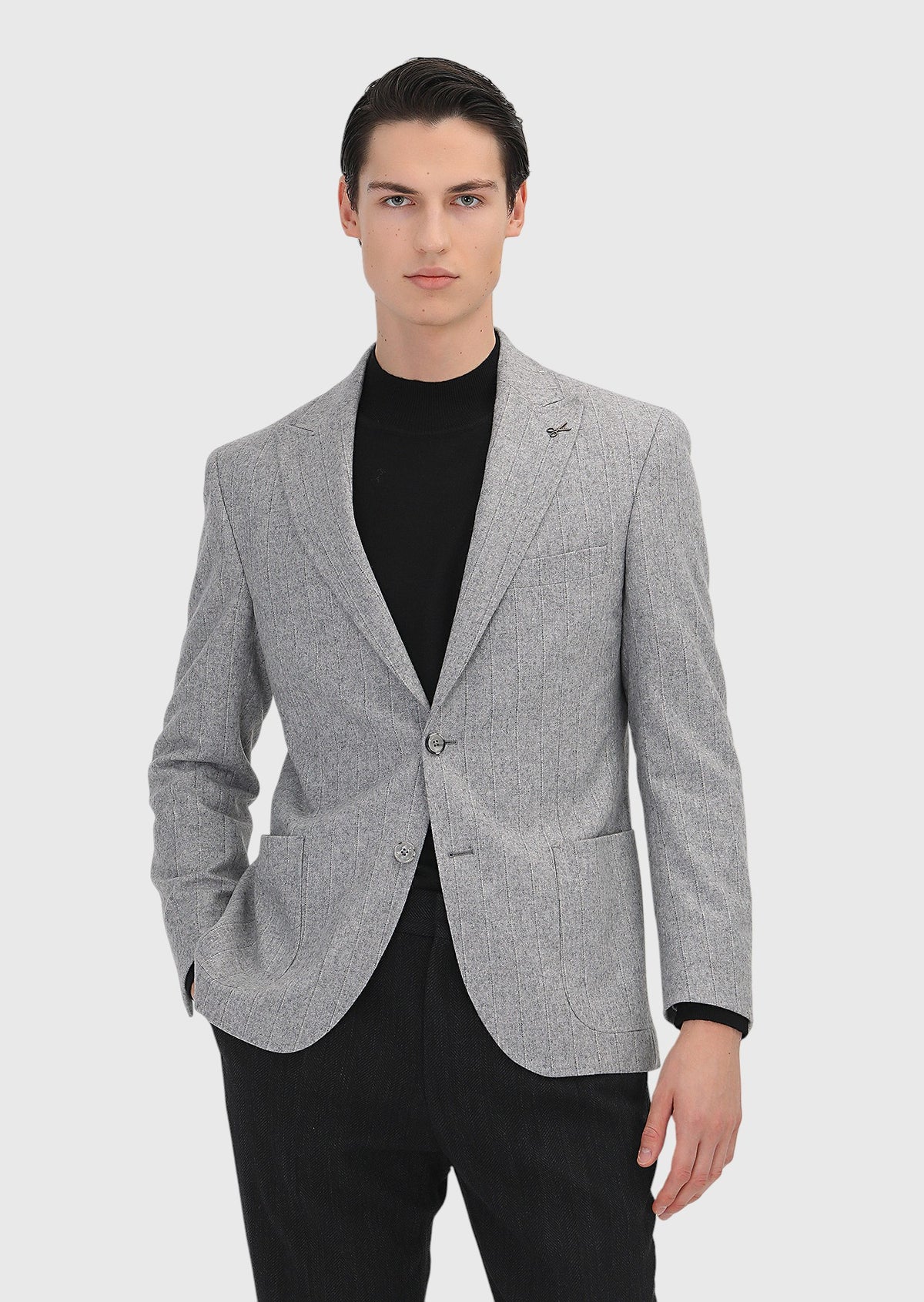 Gri Çizgili Shirt Shoulder Slim Fit Yün Karışımlı Ceket