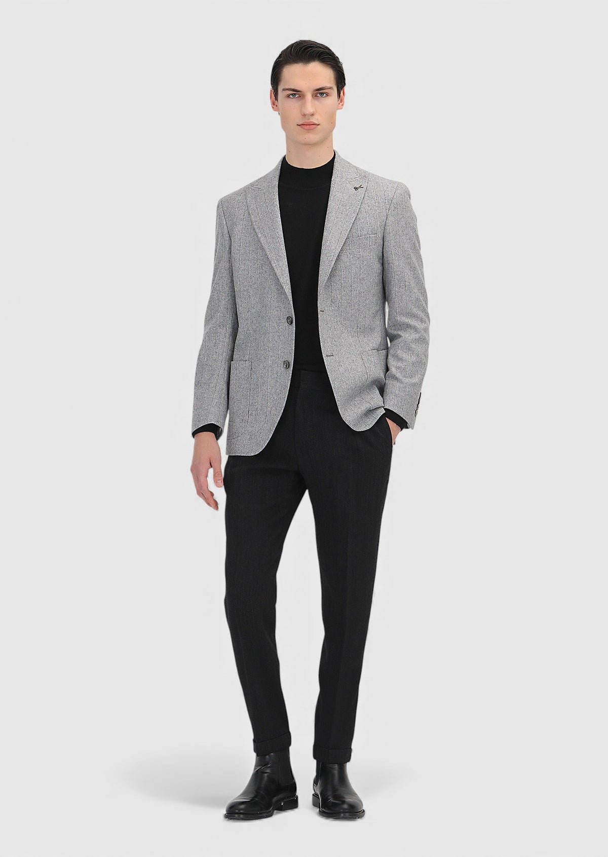 Gri Çizgili Shirt Shoulder Slim Fit Yün Karışımlı Ceket