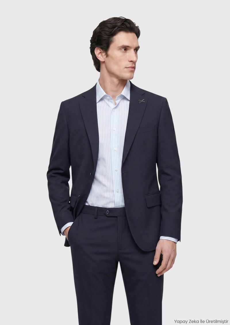 Lacivert Düz Modern Fit %100 Yün Takım Elbise