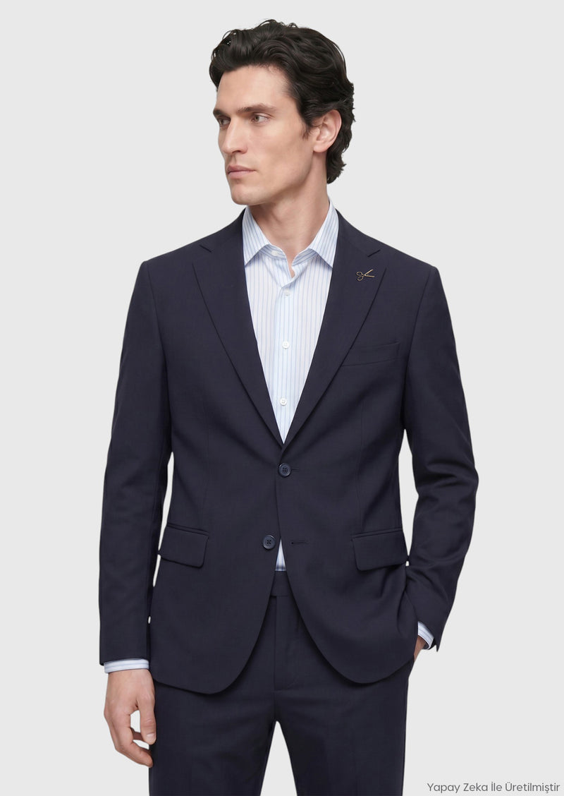 Lacivert Düz Modern Fit %100 Yün Takım Elbise