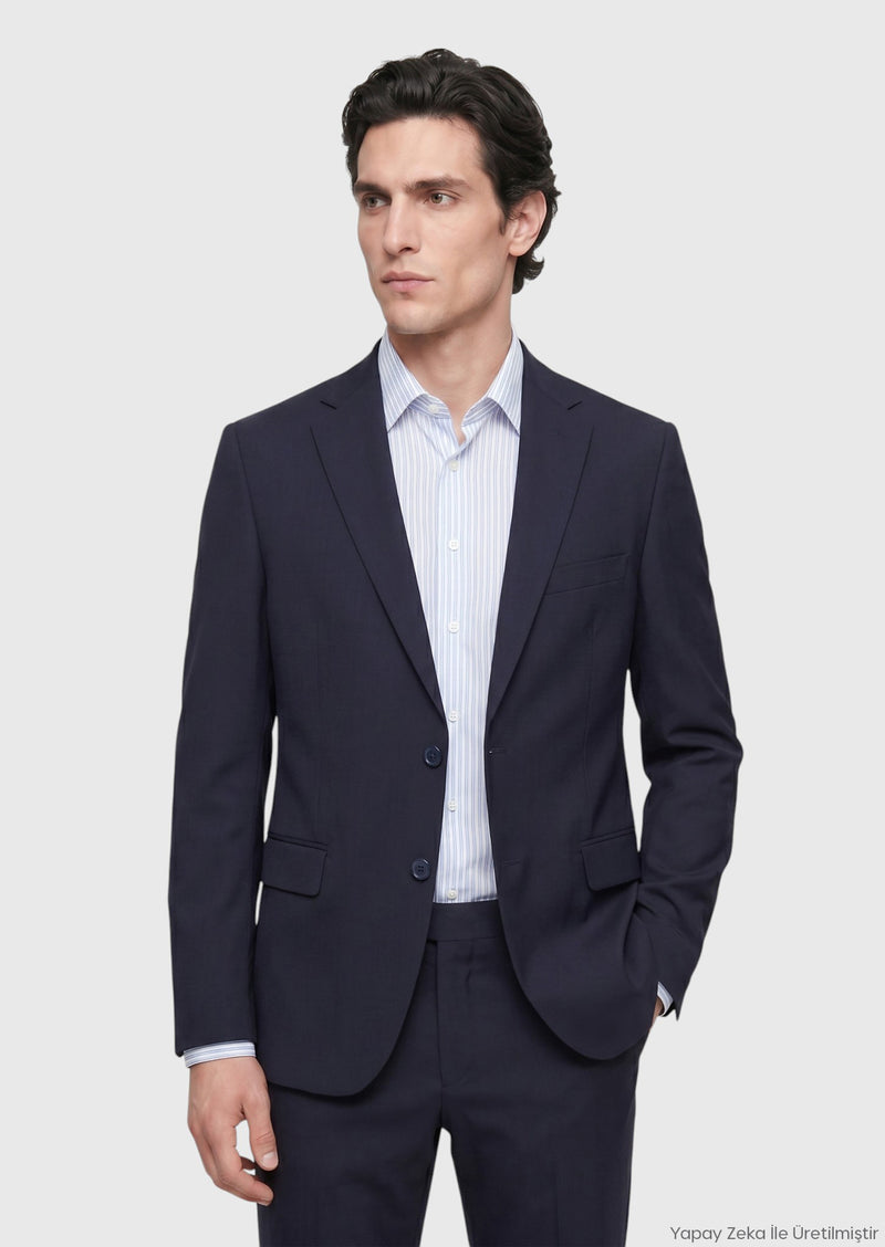 Lacivert Düz Regular Fit %100 Yün Takım Elbise