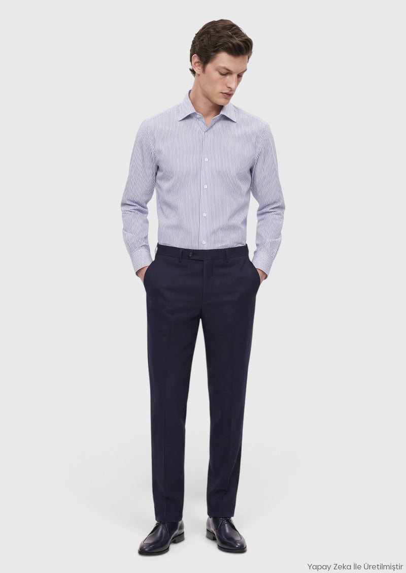 Lacivert Düz Regular Fit Klasik %100 Yün Pantolon