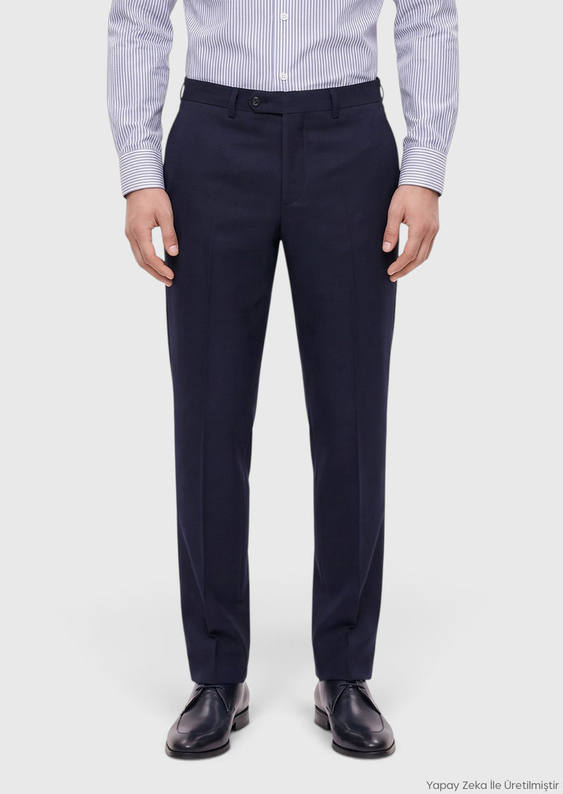Lacivert Düz Regular Fit Klasik %100 Yün Pantolon
