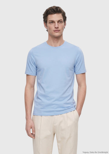 Açık Mavi Düz Bisiklet Yaka T-Shirt