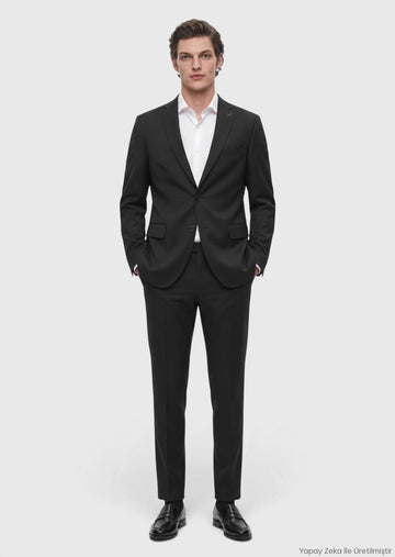 Black Plain Regular Fit 100% Wool Suit
