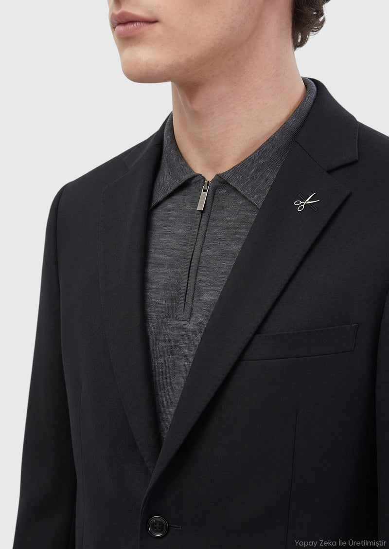 Siyah Düz Regular Fit %100 Kaşmir Ceket