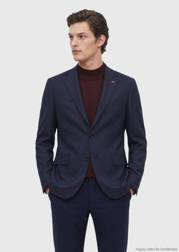 Lacivert Desenli Regular Fit %100 Yün Ceket