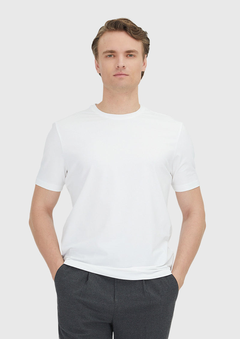 Beyaz Düz Bisiklet Yaka Pamuk Karışımlı T-Shirt