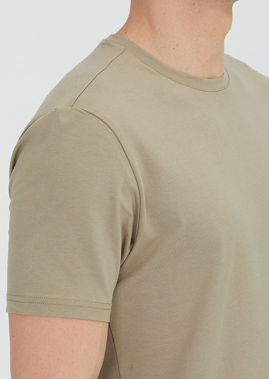 Deve Tüyü Düz Bisiklet Yaka Pamuk Karışımlı T-Shirt