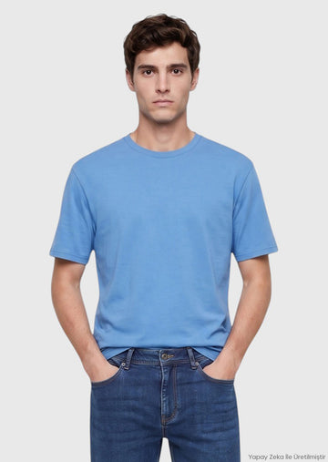 Mavi Düz Bisiklet Yaka Pamuk Karışımlı T-Shirt