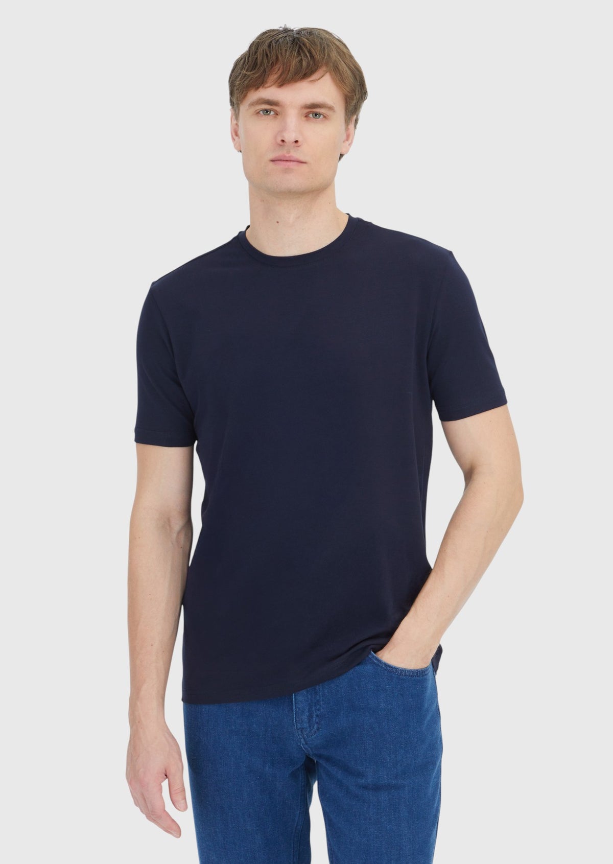 Navy Blue Plain Crew Neck Cotton Blended T-Shirt