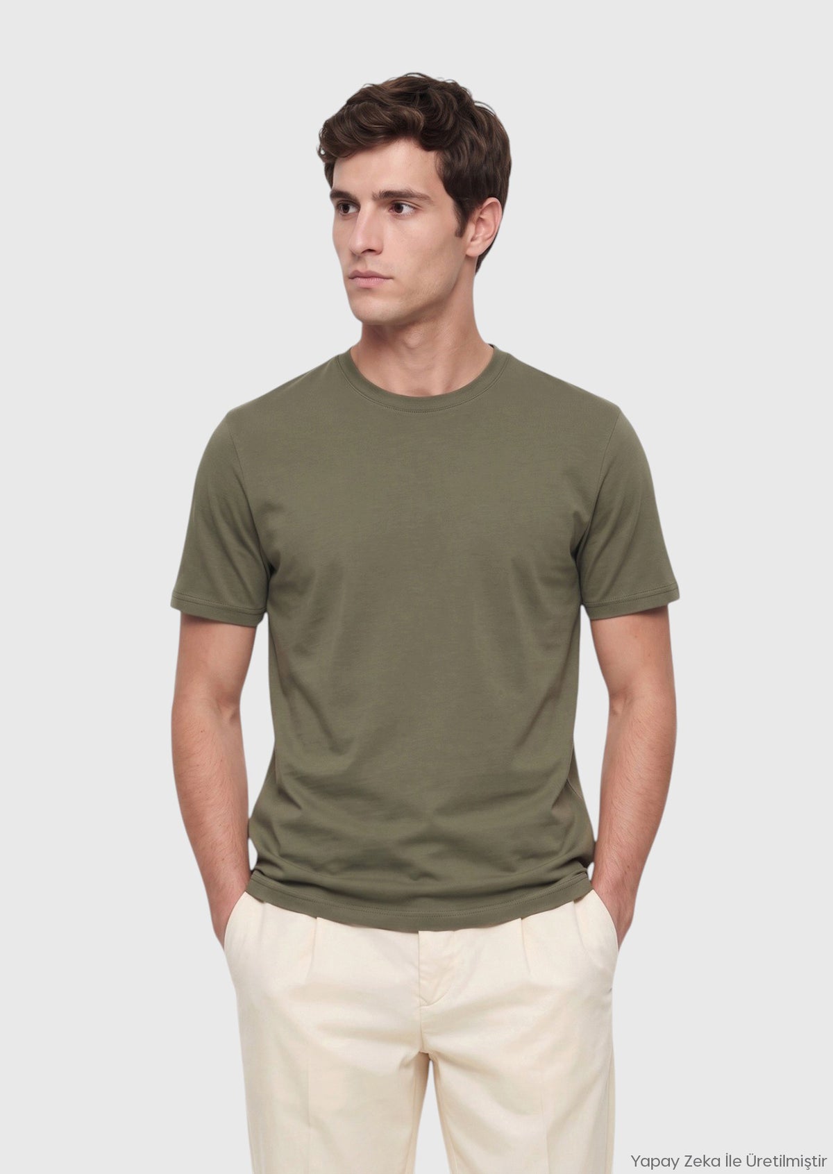 Haki Düz Bisiklet Yaka Pamuk Karışımlı T-Shirt