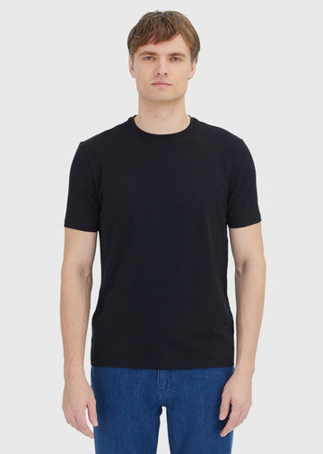 Siyah Düz Bisiklet Yaka Pamuk Karışımlı T-Shirt