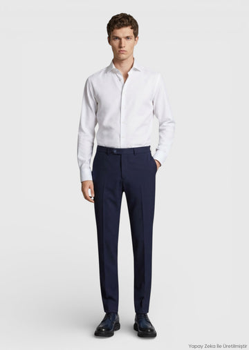 Lacivert Dokuma Modern Fit Klasik %100 Yün Pantolon