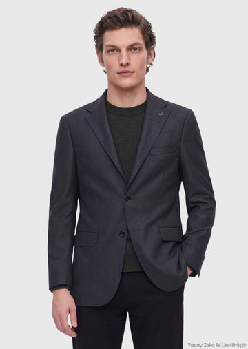 Siyah Desenli Regular Fit %100 Yün Ceket
