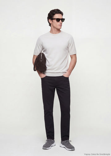 Siyah Düz Dokuma Slim Fit Casual Pamuk Karışımlı Pantolon