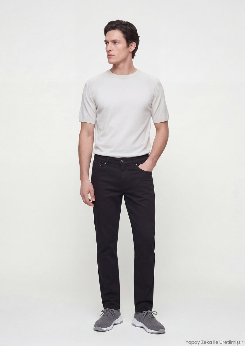 Siyah Düz Dokuma Slim Fit Casual Pamuk Karışımlı Pantolon