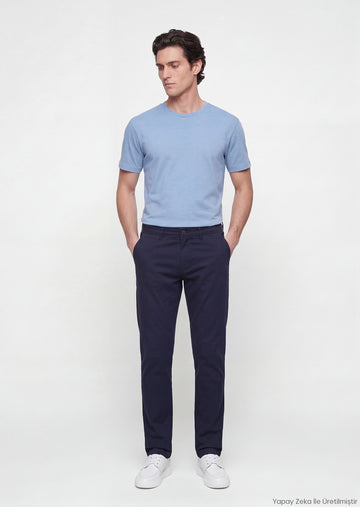 Lacivert Düz Dokuma Slim Fit Casual Pamuk Karışımlı Pantolon