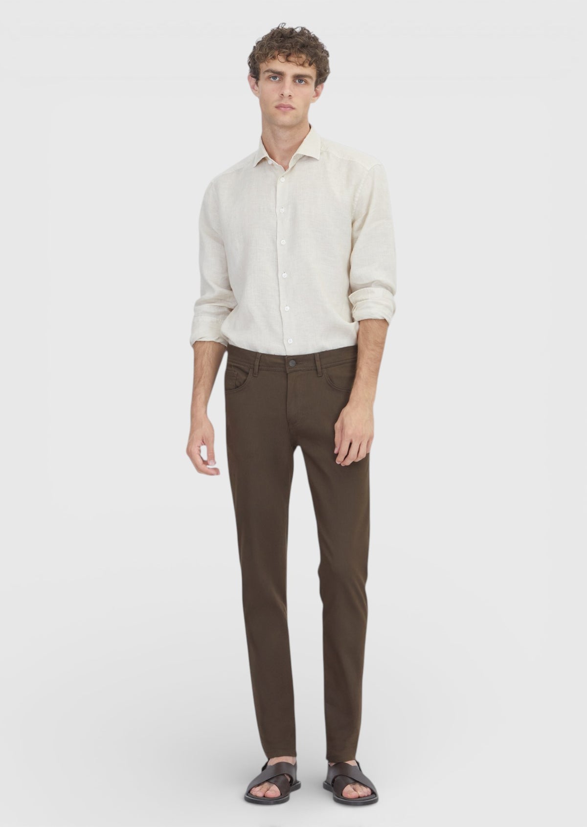 Kahverengi Düz Dokuma Slim Fit Casual Pamuk Karışımlı Pantolon