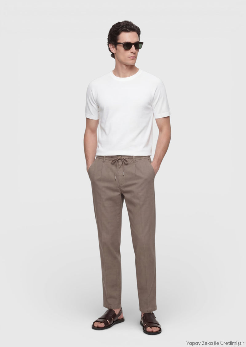 Haki Düz Dokuma Jogging Fit Casual Keten Karışımlı Pantolon