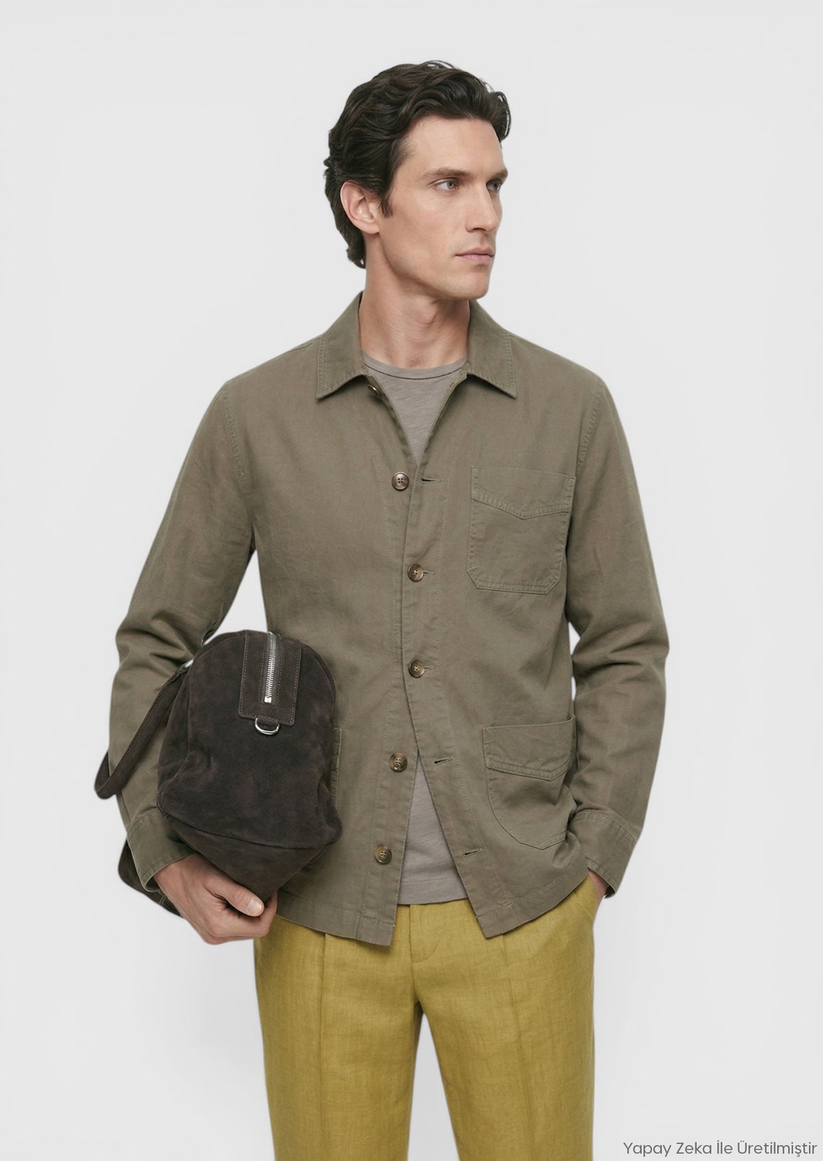 Haki Düz Casual Fit Uzun Dokuma Keten Karışımlı Overshirt