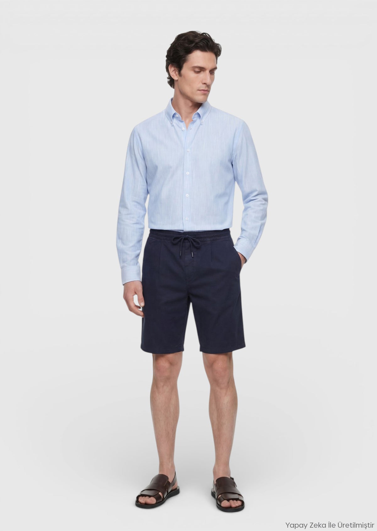 Lacivert Düz Dokuma Jogging Fit Casual Keten Karışımlı Bermuda