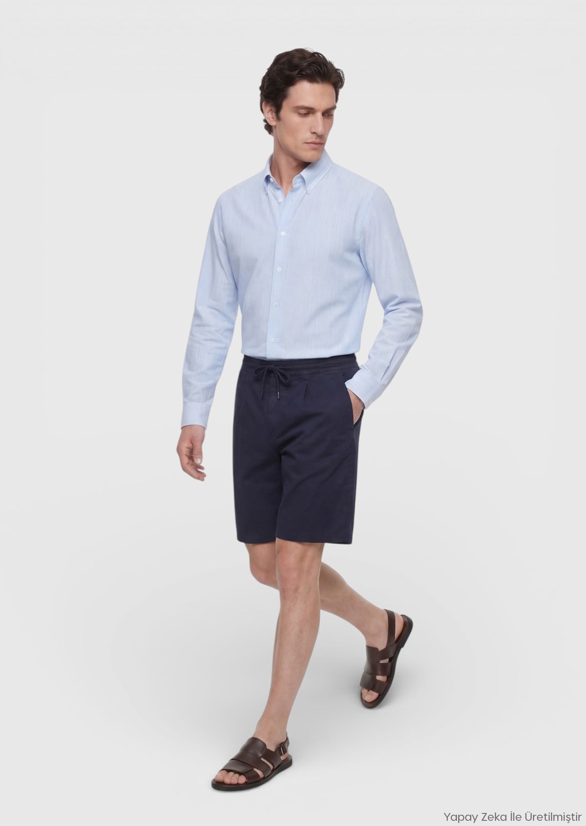 Lacivert Düz Dokuma Jogging Fit Casual Keten Karışımlı Bermuda