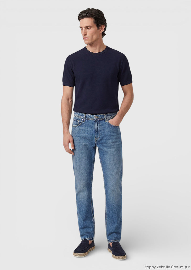 Koyu İndigo Regular Fit Denim Pamuk Karışımlı Pantolon