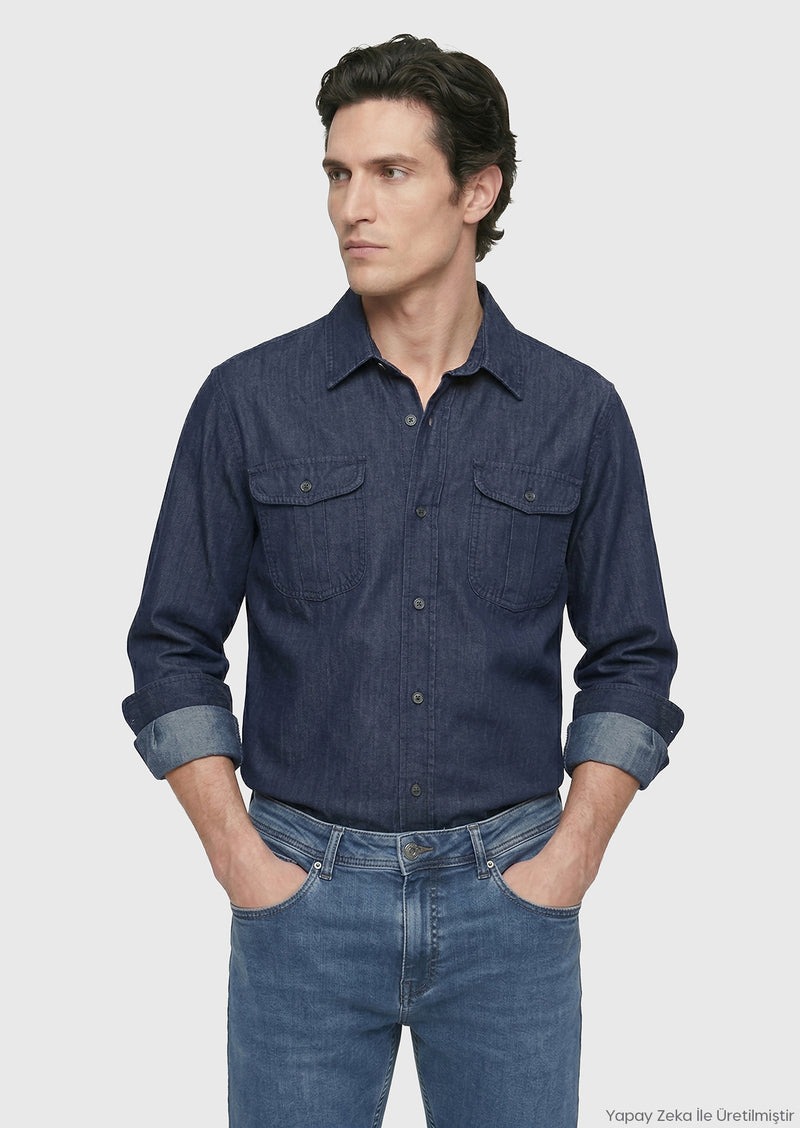İndigo Düz Casual Fit Uzun Dokuma Casual Pamuk Karışımlı Gömlek