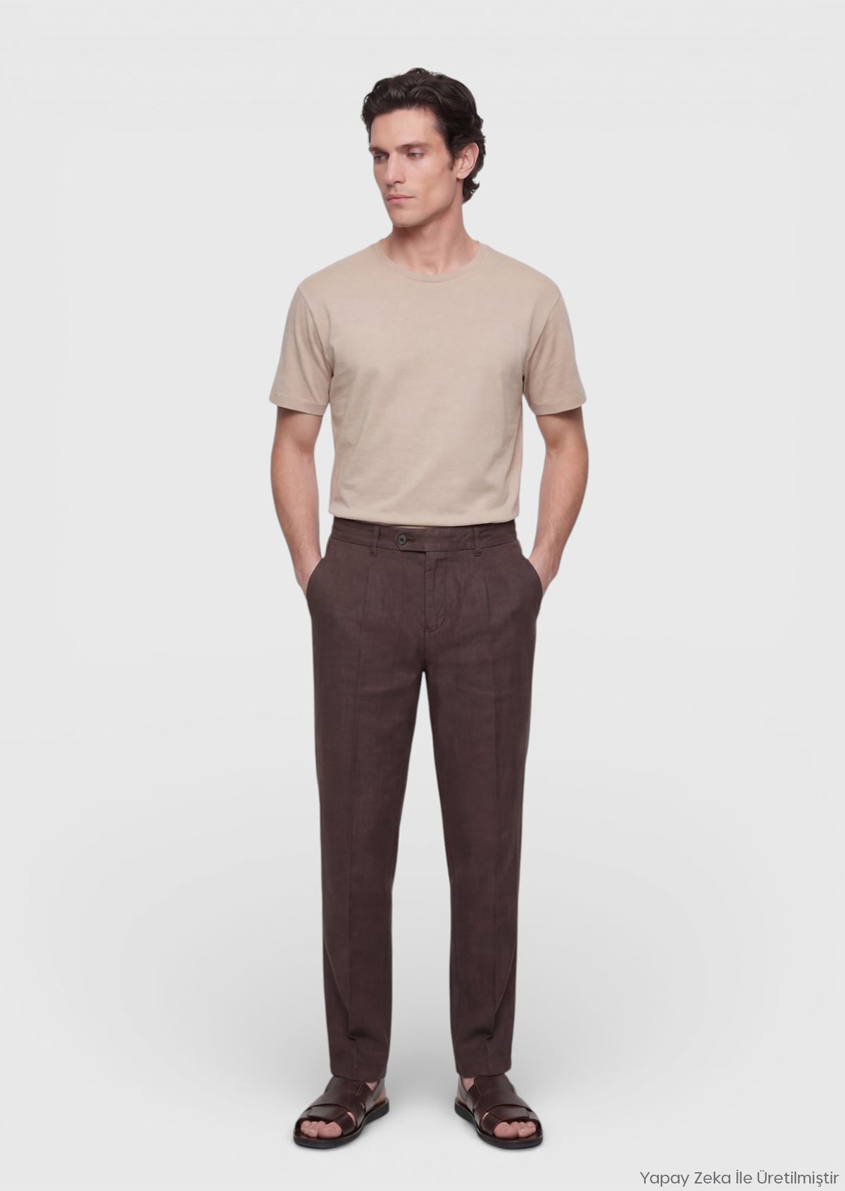Kahverengi Düz Dokuma Jogging Fit Casual %100 Keten Pantolon