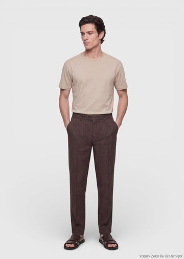 Kahverengi Düz Dokuma Jogging Fit Casual %100 Keten Pantolon