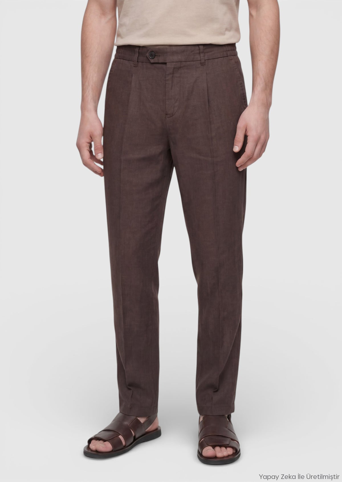 Kahverengi Düz Dokuma Jogging Fit Casual %100 Keten Pantolon