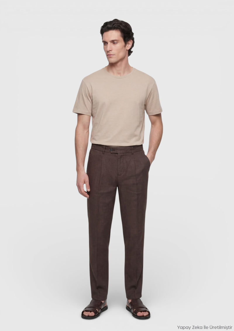 Kahverengi Düz Dokuma Jogging Fit Casual %100 Keten Pantolon