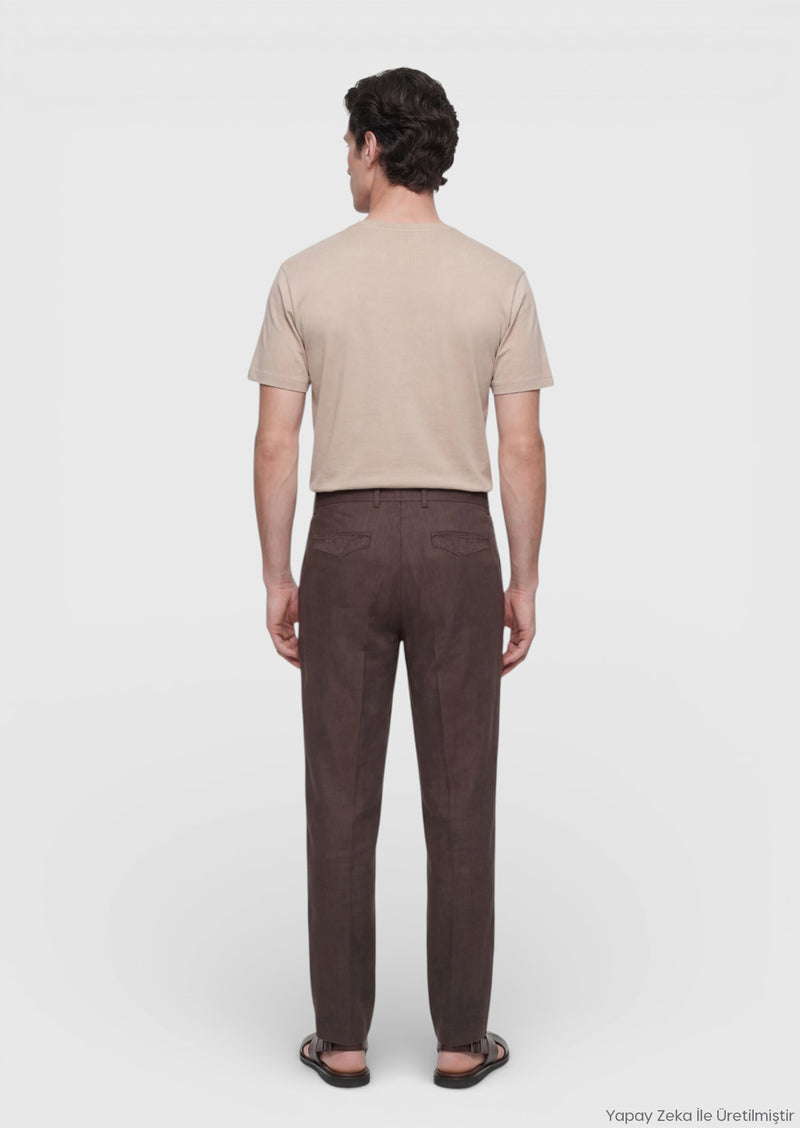 Kahverengi Düz Dokuma Jogging Fit Casual %100 Keten Pantolon