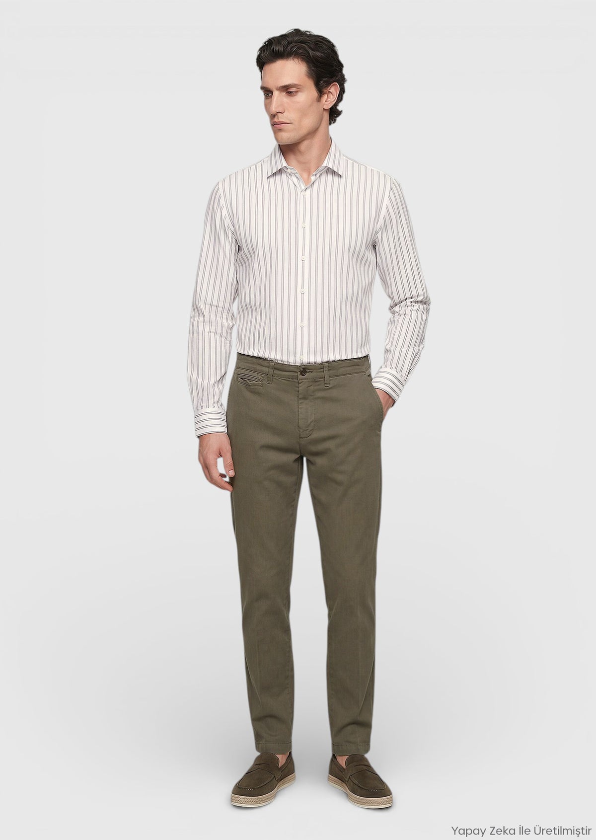 Haki Düz Dokuma Straight Fit Casual Pamuk Karışımlı Pantolon