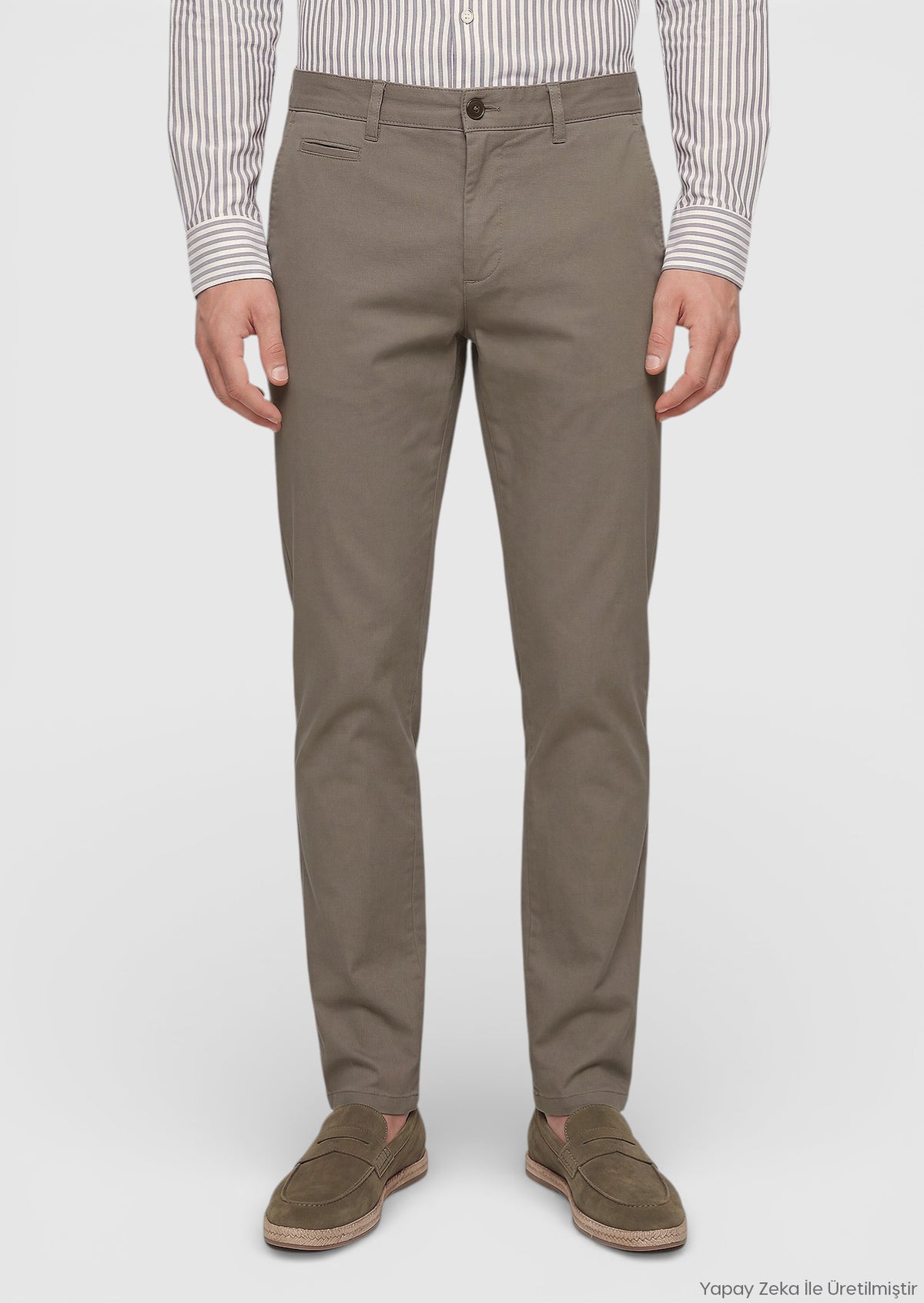 Haki Düz Dokuma Straight Fit Casual Pamuk Karışımlı Pantolon