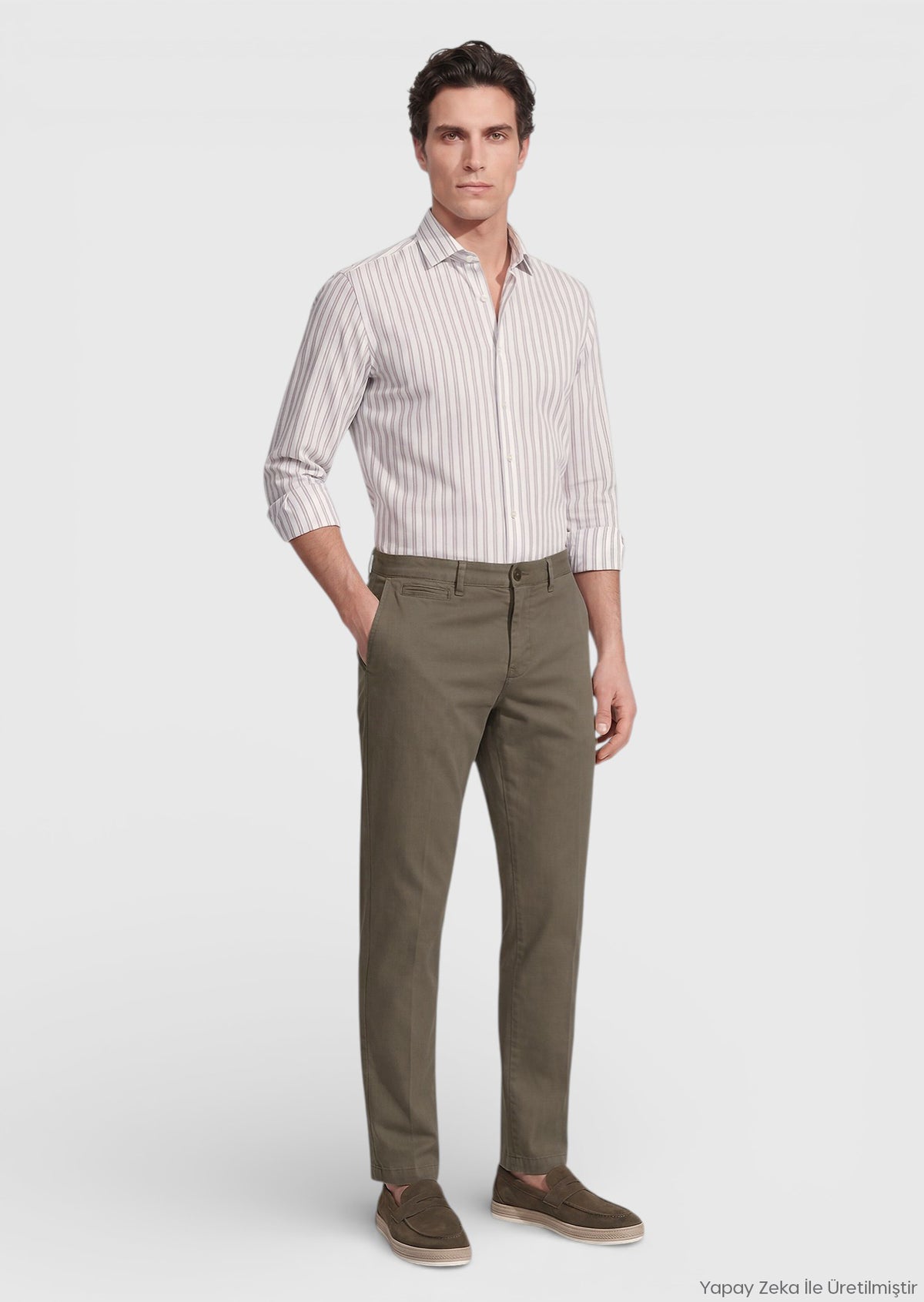 Haki Düz Dokuma Straight Fit Casual Pamuk Karışımlı Pantolon
