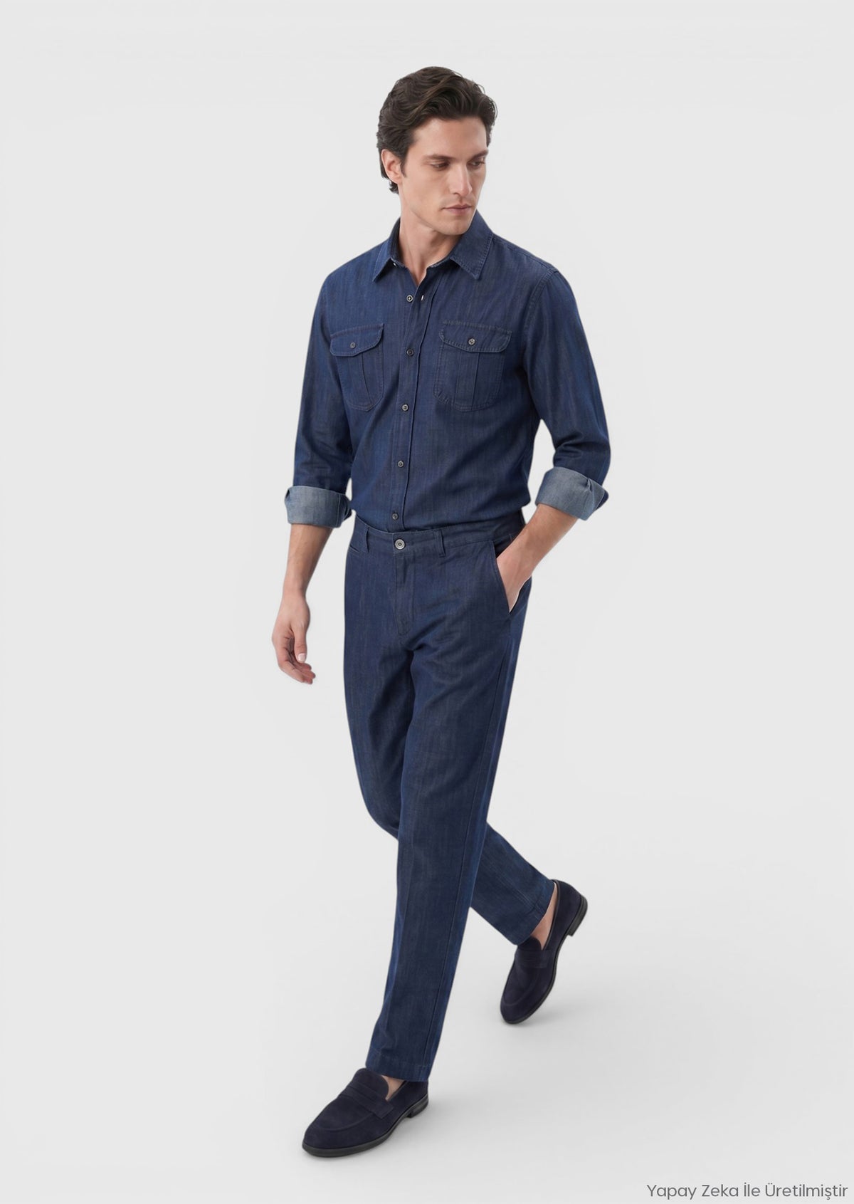 İndigo Düz Denim Straight Fit Casual Pamuk Karışımlı Pantolon