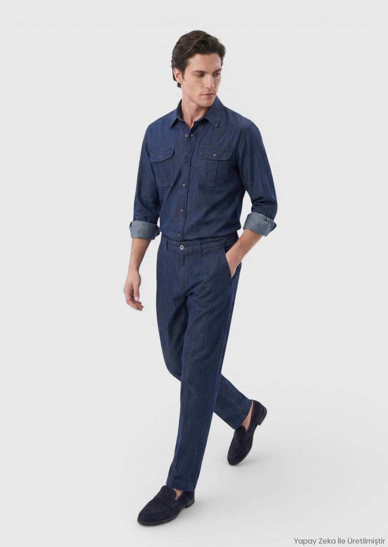 İndigo Düz Denim Straight Fit Casual Pamuk Karışımlı Pantolon