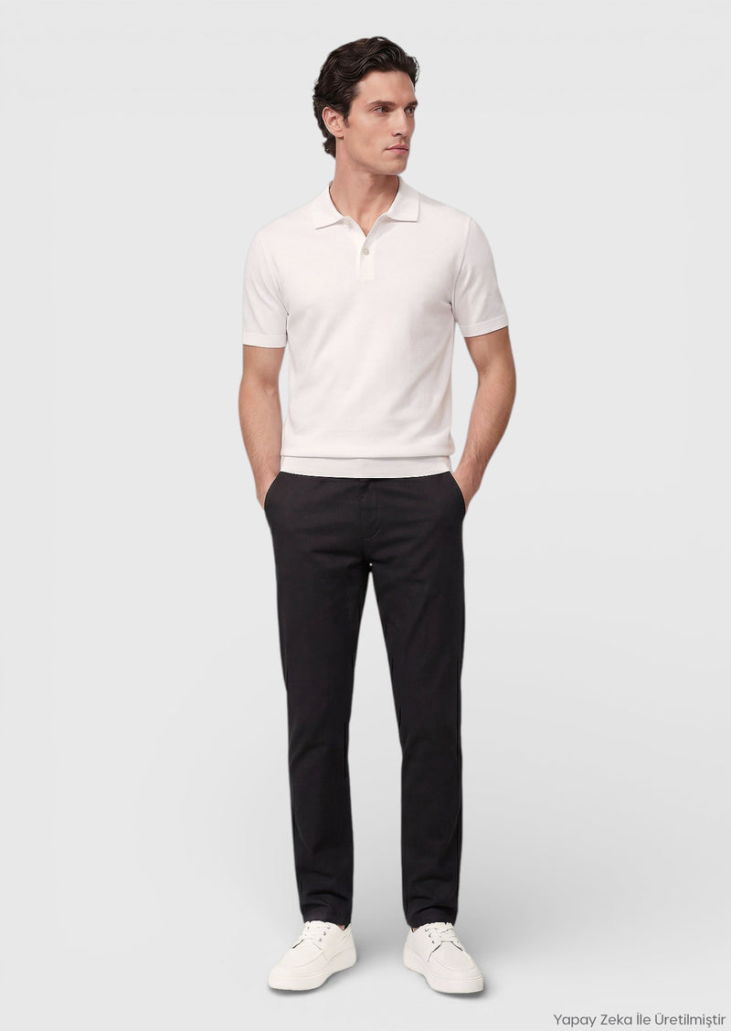 Siyah Düz Dokuma Regular Fit Casual Pamuk Karışımlı Pantolon
