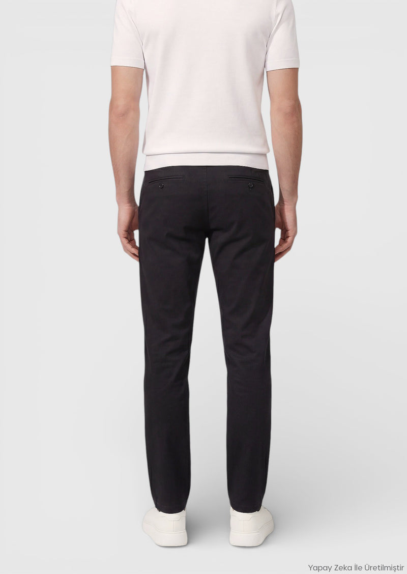 Siyah Düz Dokuma Regular Fit Casual Pamuk Karışımlı Pantolon