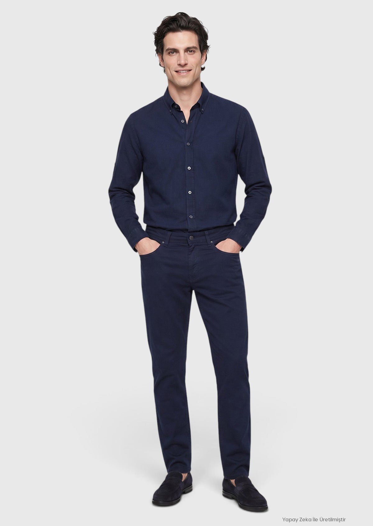 Navy Blue Weaving Slim Fit Casual Cotton Blended Trousers