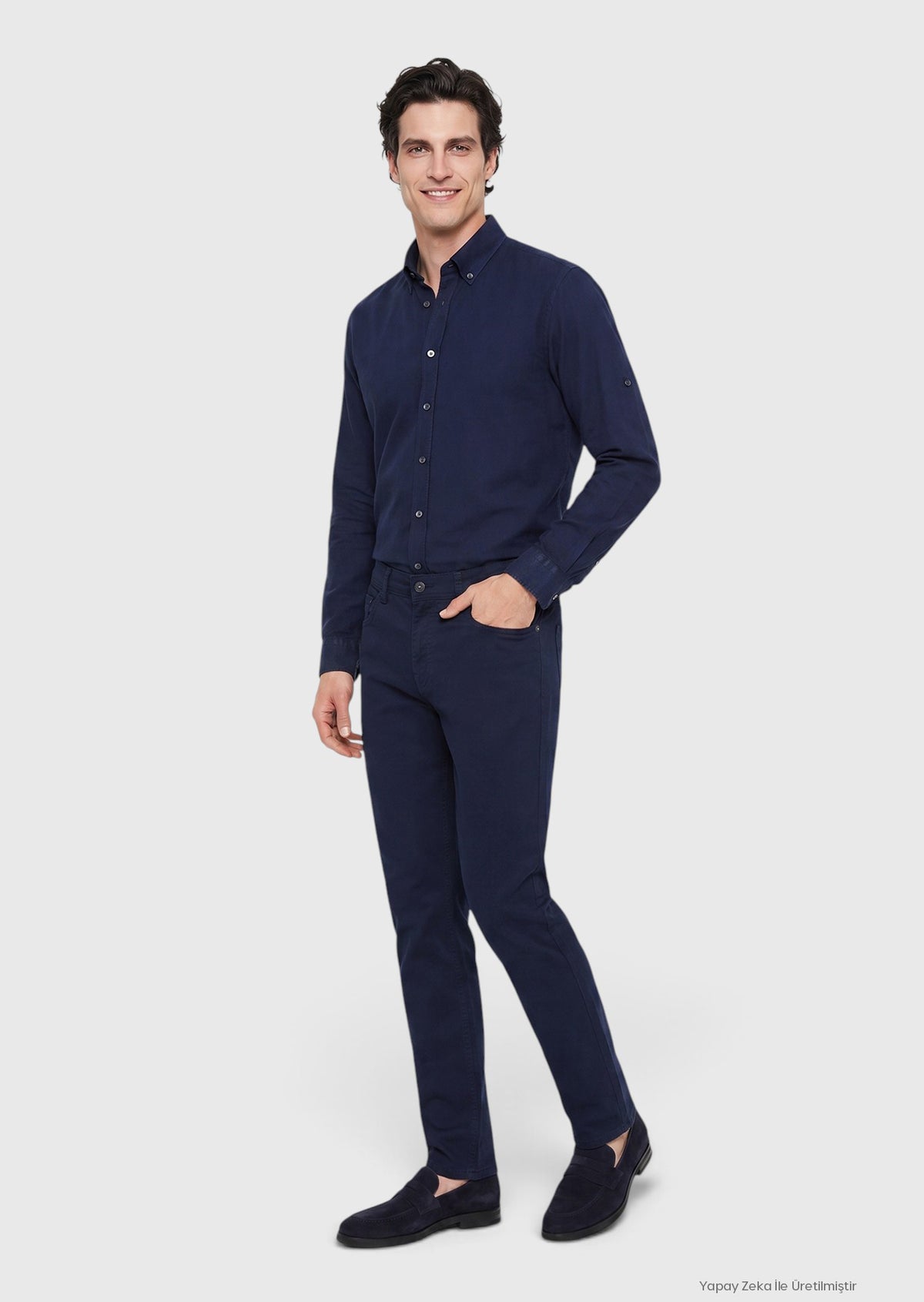 Lacivert Düz Dokuma Slim Fit Casual Pamuk Karışımlı Pantolon