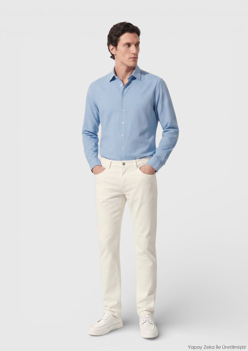Açık Bej Düz Dokuma Slim Fit Casual Pamuk Karışımlı Pantolon